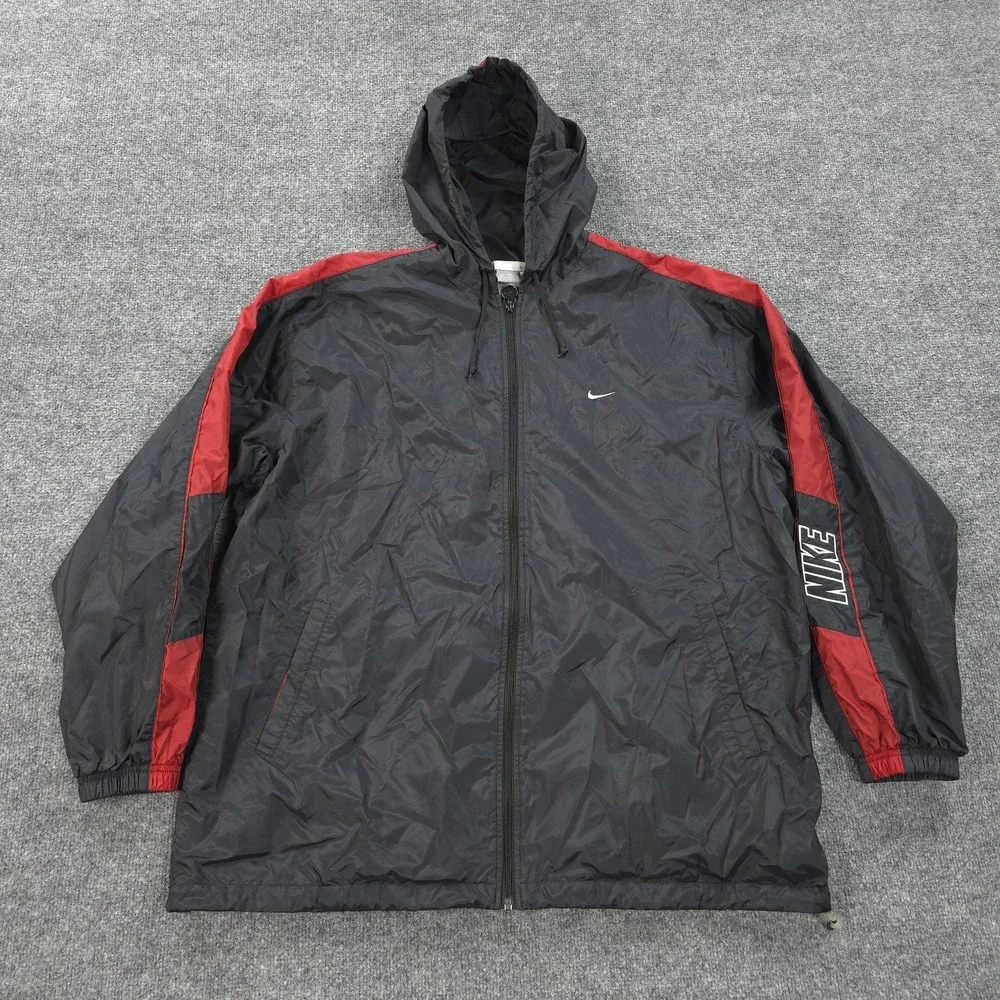 Vintage‎ Nike Jacket Mens XL Black Red Hooded Full Zip Windbreaker Lined Y2K